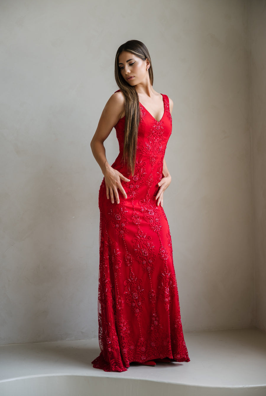 Sample Sale! Red Collection - Beaded Satin Gown