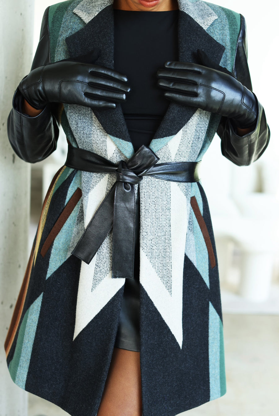 Women's Belted Top Coat - Made With Oxford Wyeth Trail Pendleton® Wool & Leather Sleeves