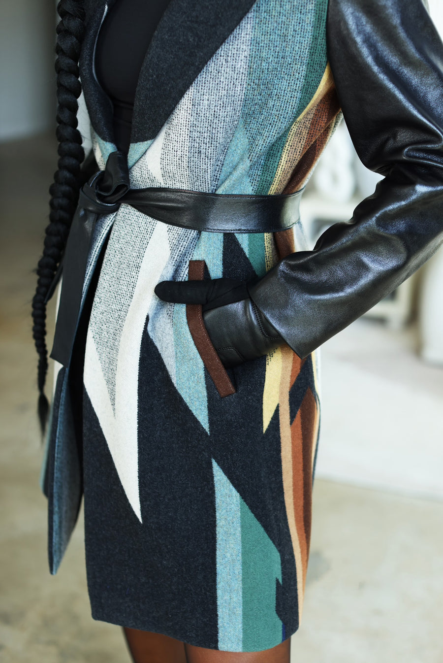 Women's Belted Top Coat - Made With Oxford Wyeth Trail Pendleton® Wool & Leather Sleeves