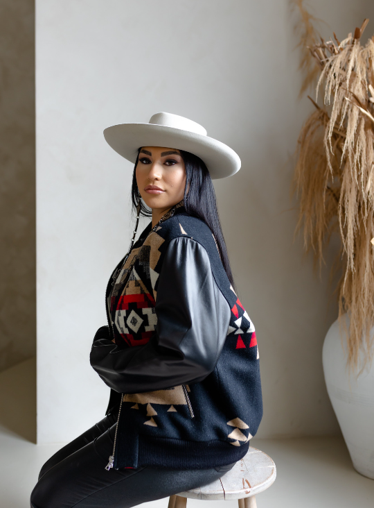 Women s Bomber Jacket with Leather Sleeves Rock Point Saddle Black Pendleton Wool