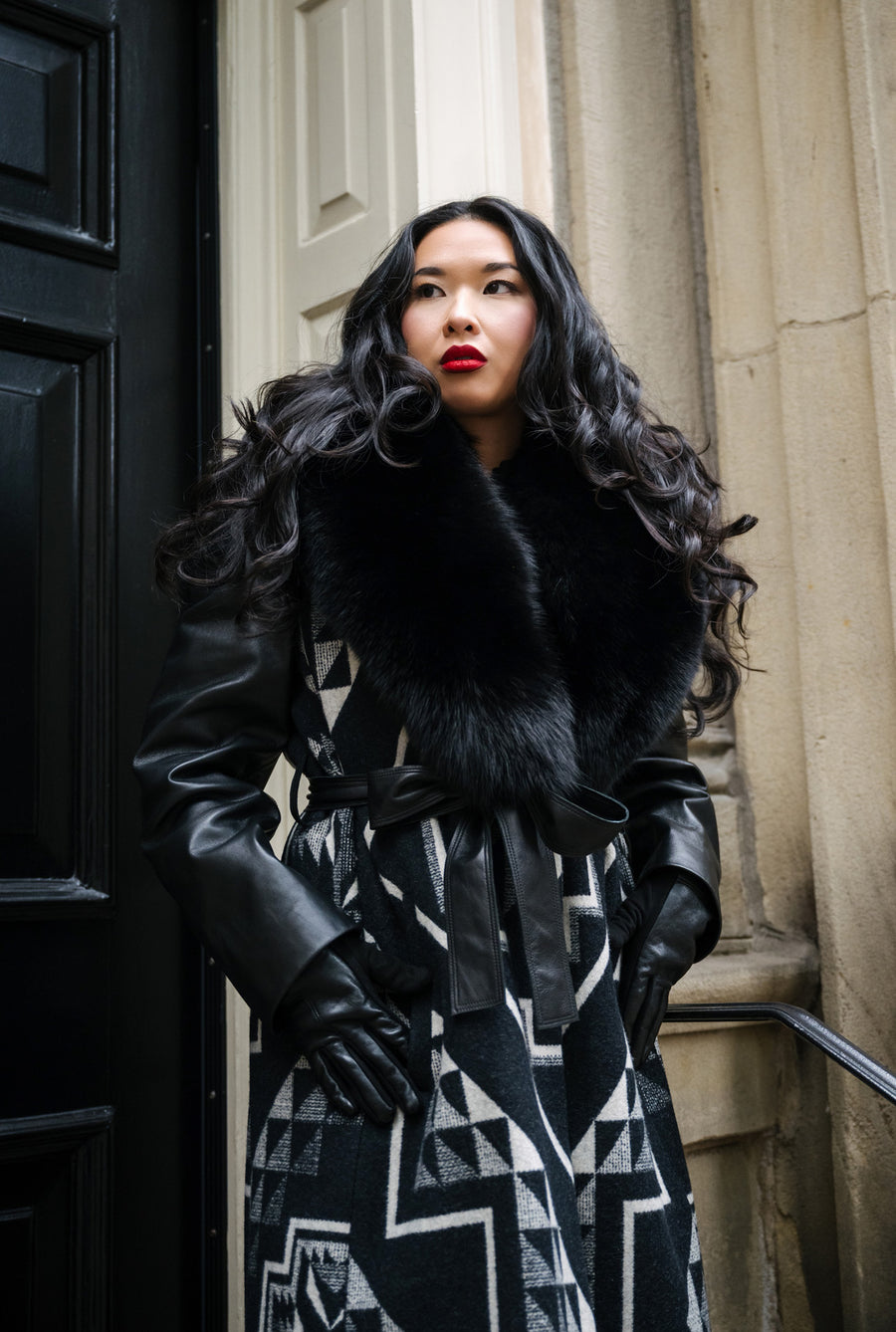 Women's Belted Long Coat - Made With Oxbow Pendleton® Wool & Leather Sleeves