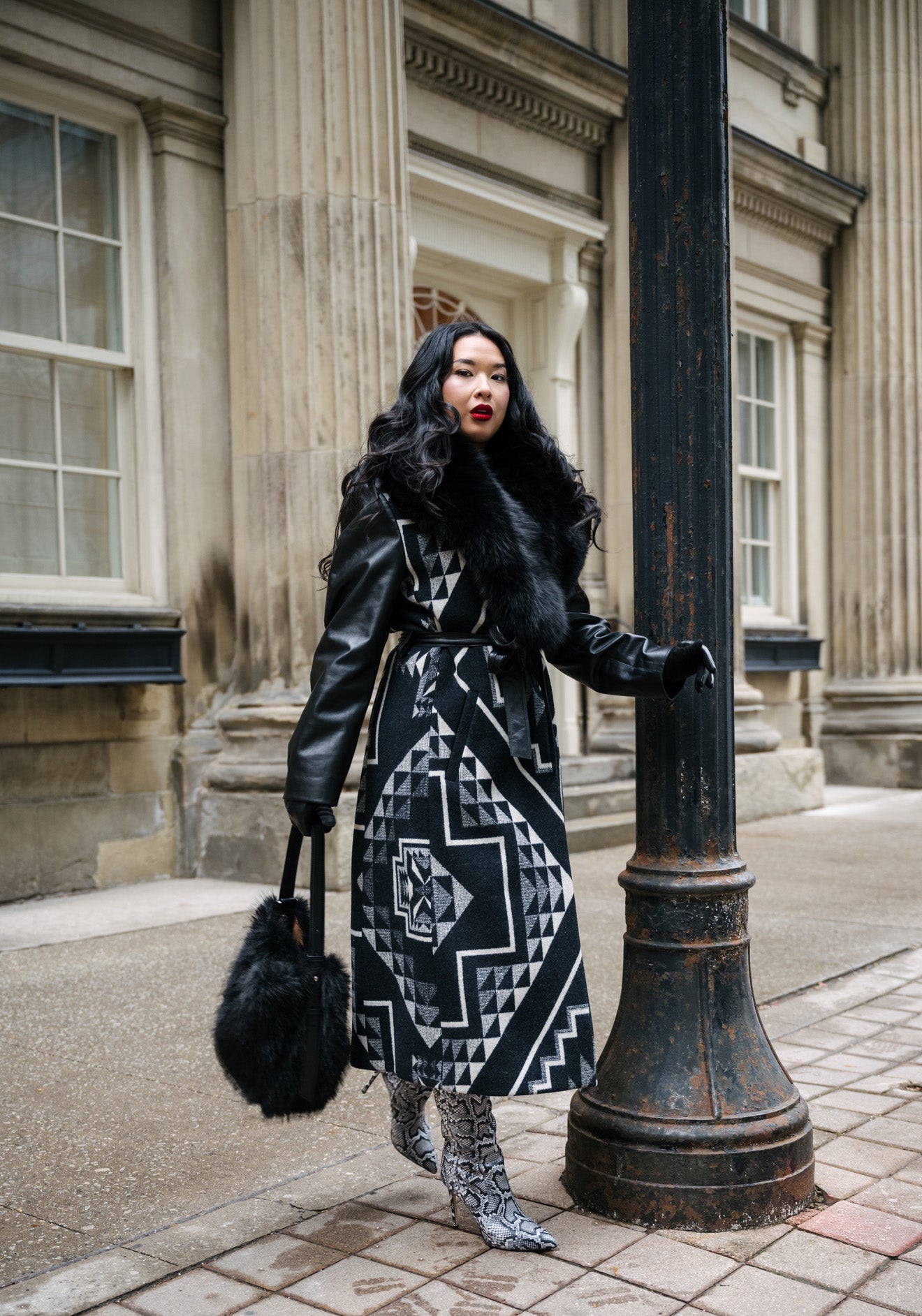 Women's Belted Long Coat - Made With Oxbow Pendleton® Wool & Leather Sleeves