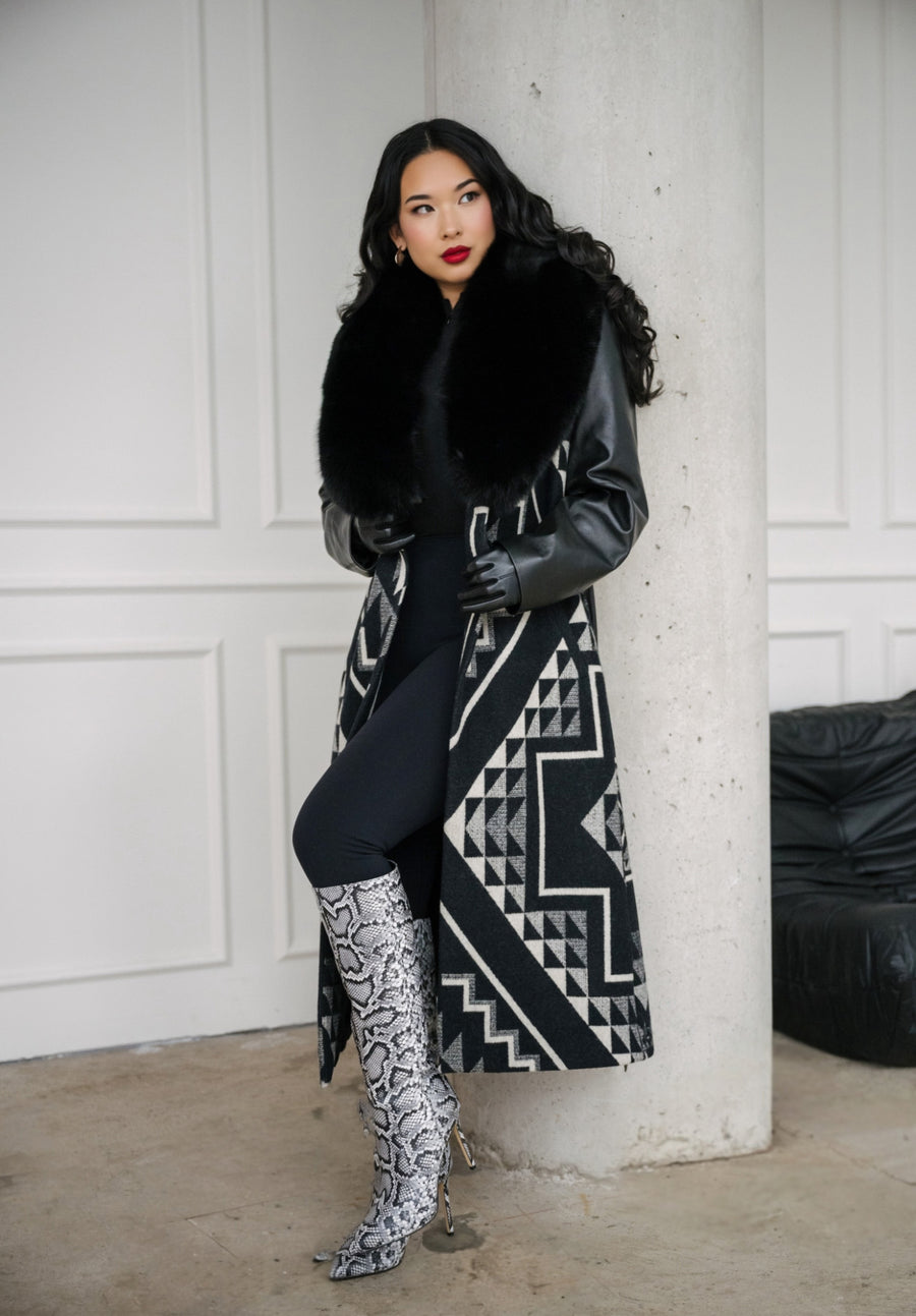 Women's Belted Long Coat - Made With Oxbow Pendleton® Wool & Leather Sleeves